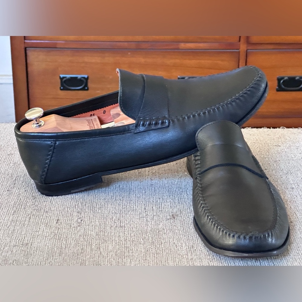 Santoni Black Leather Men’s Slip On Penny Loafers Size 13 D - Picture 7 of 15